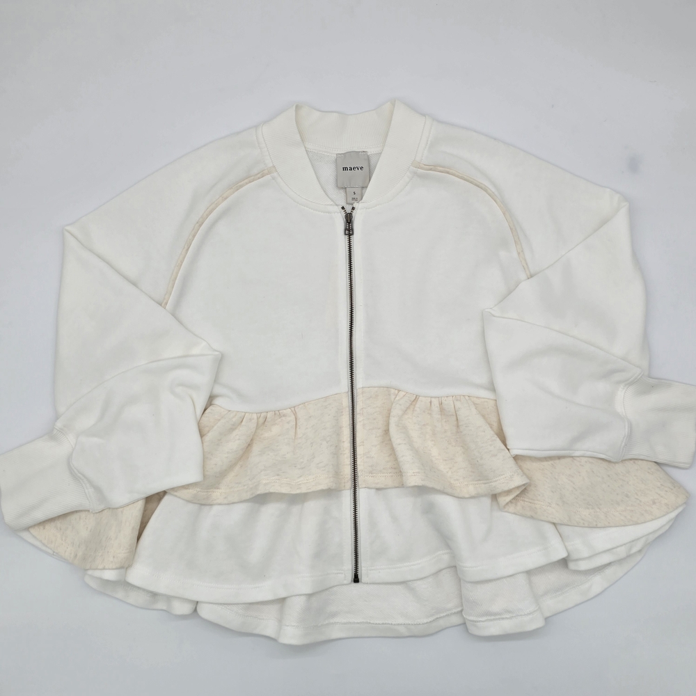 Maeve Anthropologie Cream Tiered Peplum Zip-up Jacket Size Small NWT